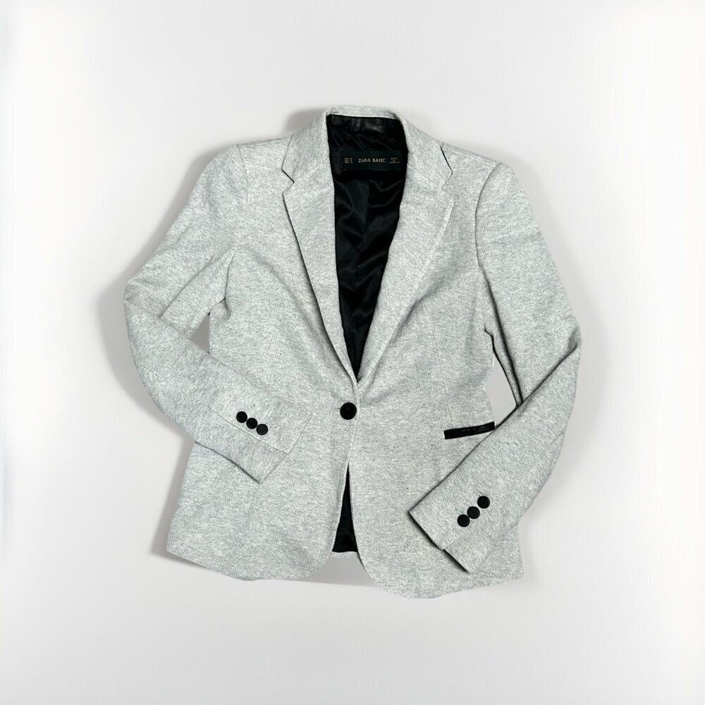 Zara Basic sz M gray blazer w/faux black leather trim classy stylish clean lines